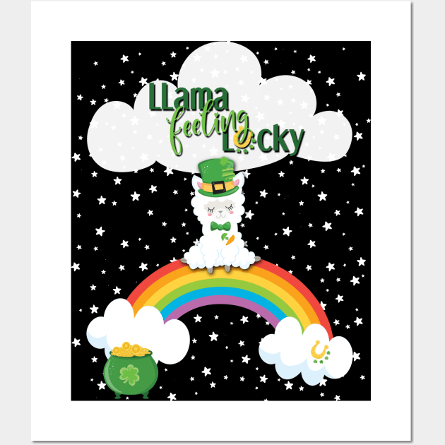 Llama Feeling Lucky - St. Patrick's Day Llama, Rainbow, Clouds & Stars Wall Art by karenmcfarland13